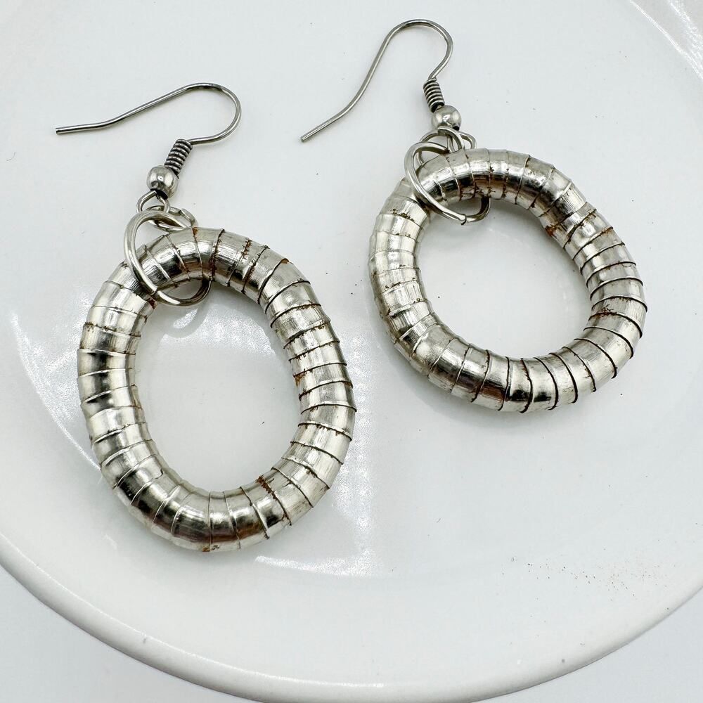 Vintage Silver Snake Hoop Earrings Retro Modern Brutalist Cups Flexible